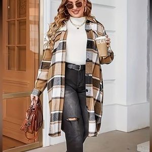 Plus Size Casual Plaid Button Up Long Sleeve Turn Down Collar Shacket